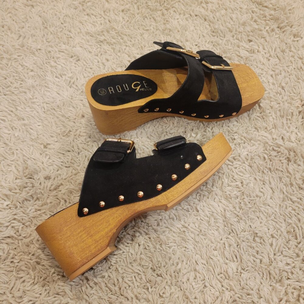 SOLD 👠New Black Wood Clog Wedge Platform Suede Buckle Sandal Shoe Slip On Sl💃 - Picture 8 of 10